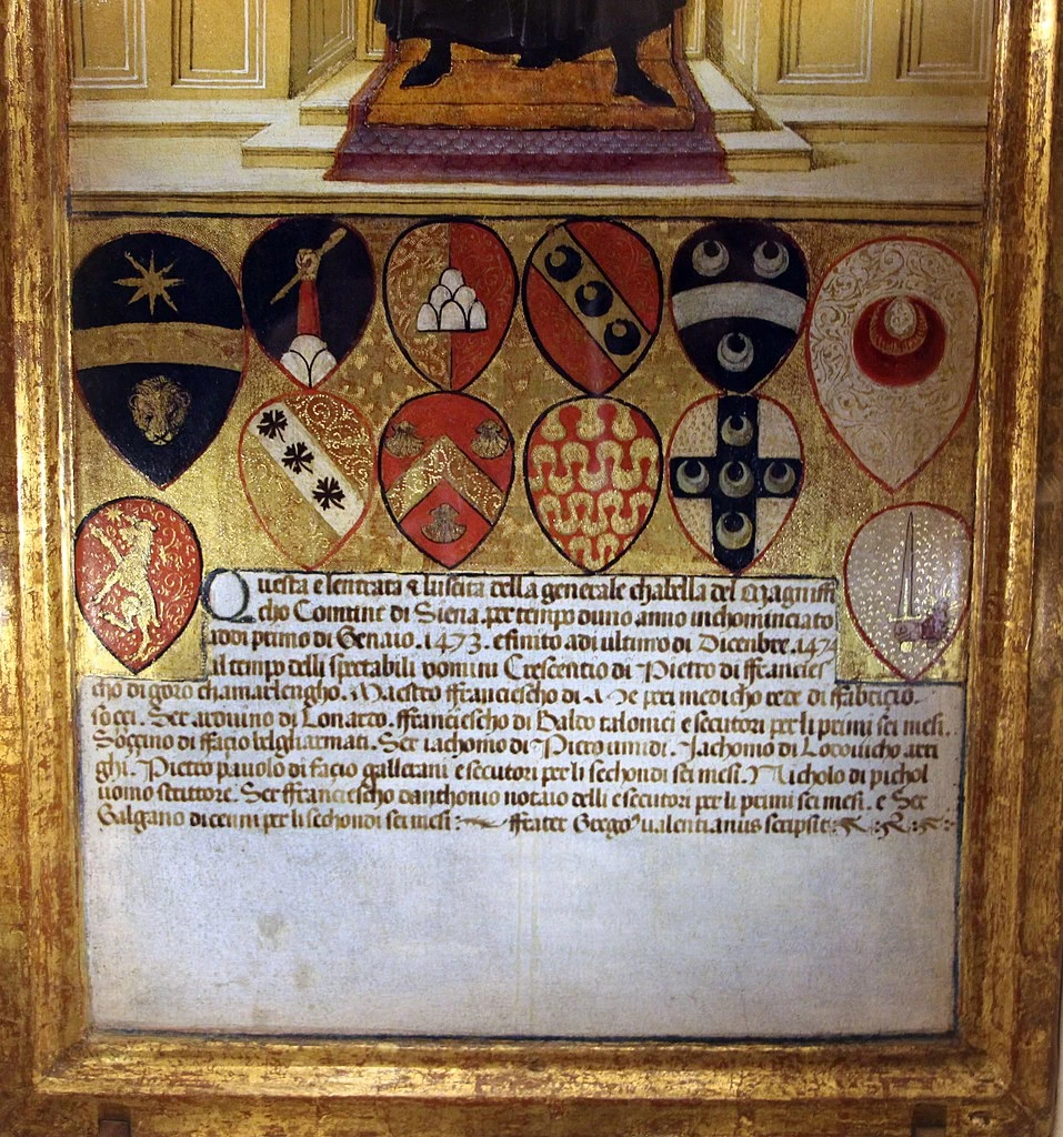 Il buon governo nell'ufficio della gabella - Siena, archivio di Stato, Museo delle tavolette di Biccherna, dettaglio 2